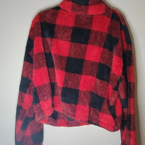 SO Sherpa Pullover Long Crop 1/4 Zip Red Black Buffalo Plaid Fleece Xtra Large - Picture 5 of 11